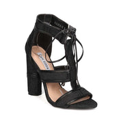 Cape Robbin Maura-2 Black Lace Up Open Toe Strappy Block High Heel Denim Sandals