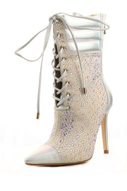 Cape Robbin Cruise Hologram Silver Crystals High Heel Pointed Toe Lace Up Bootie