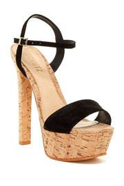 Schutz Nadine Black Suede Cork Super High Heel Platform Open Toe Sandals