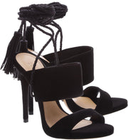 Schutz JINX Tasseled Rope Mule Sandal Black Suede Open Toe Tie Up Sandals