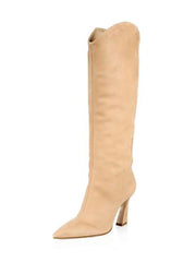 Schutz Maryana Stack Flare Honey Beige Leather Pointed Toe Mid Heel Calf Boots