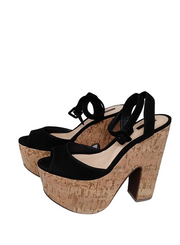 Schutz Oje Nobuck Black Cork Block Heel Platform Buckle Strap Sandal Heels