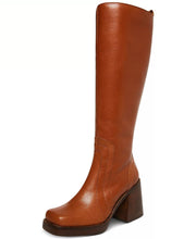 Steve Madden Andiee Cognac Leather Stacked Block Heel Square Toe Knee High Boots