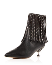 Brian Atwood CAMERON Leather Studded Pointed Toe Kitten-Heel Booties Black Silver Metal