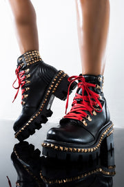 Cape Robbin Nia Platform Ankle Moto Combat Boots Black Red Lace Gold Stud