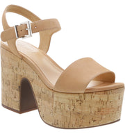 Schutz Nude Honey Biege Ankle Buckle Open Toe Heeled Platform Cork Sandal