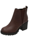 Soda Origami Lug Sole Mid Heel Fashion Ankle Bootie W/Double Elastic Gore Brown
