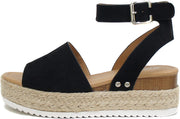 Soda Topics Black Nubuck Espadrille Ankle Strap Studded Platform Sandals