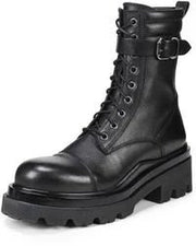 Sam Edelman Azka Black Leather Chunky Lug Sole Lace Up Ankle Combat Boots