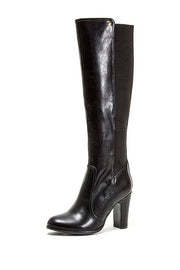 French Blu Bingo Black Pu Leather Tall Thick Heeled Stretch Back Fitted Boots
