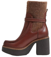 Sam Edelman Sidney Brandy Leather Pull On Rounded Toe Ribbed Knit Fabric Boots