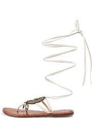Schutz Centi Pearl White Embellished Leather Flat Tie Up Beaded Design Sandals