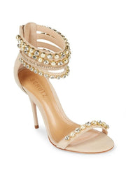 Schutz Pocinda Pumps Tan Nude Leather High Heel Peep Toe Ankle Gold Cuff Sandal