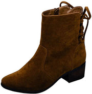 Breckelles Houston-14 Tan Suede Fashion Back Lace Up Chunky Heel Tan Booties