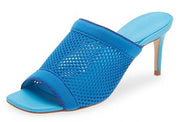 Schutz Sinara True Blue Wide Strap Slip On Open Toe Stiletto Mid Heel Sandals