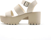 Soda Account Nude Ankle Strap Rounded Open Toe Strappy Block Heeled Sandals