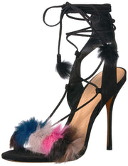 Schutz Lori Black Rainbow Fur Wrap Tie Stiletto High Heel Sandals