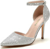 Odisen MS2301 Silver Glitter Fashion Pointed Toe Stiletto Ankle Strap Pumps 10