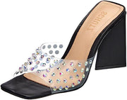 Schutz Lizah Crystal Black Clear Crsytal Vamp Slip On Open Toe High Heel Sandals