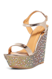 Lauren Lorraine Pari Gold Multi Pu Platform Wedge Ankle Strap Rhinestone Sandals