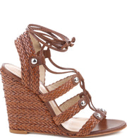 Schutz Cognac Brown Open Toe High Wedge Tie Up Woven Lace-Up Wedge Sandal