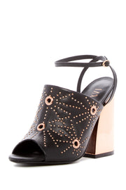 Ivy Kirzhner Epoque Black Peep-Toe Mule High Block Heel Gold Embellished Pump Sandal
