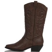 Soda Reno Western Cowboy Pointed Toe Knee High Pull On Tabs Boots Dark Tan Brown (5.5)