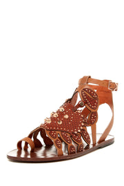 Ivy Kirzhner Scrabby Cognac Leather Rich Gold Embellished Gladiator Flat Sandals