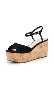Schutz Heloise Black Suede Wedge Sandal  Open Toe Cork Casual Platform Sandals