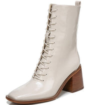 Sam Edelman Westie Linen Leather Chunky Heel Squared Toe Lace Up Mid-Calf Boots