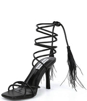 Steve Madden Bryden Black Tie Up Open Toe Feather Detailed Heeled Strappy Sandal