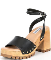 Steve Madden Ocala Black Leather Ankle Strap Squared Open Toe Wood-Like Platform Sandal