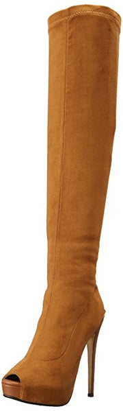Luichiny Case Closed Camel Tan Over Knee Fitted Stretch Peep Toe Boots