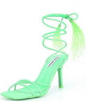 Steve Madden Bryden Neon Green Lace Up Open Toe Feather Detailed Heeled Sandal