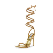 Steve Madden Uplift-R Gold Strappy Square Toe Stiletto High Heel Sandal