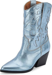 Dolce Vita Landen Electric Blue Leather Pull On Stacked Block Heel Western Boots