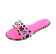 Liliana Pink Honnay-2 Pink Clear Rhinestone Gem Slip On Slide Mule Flat Sandals