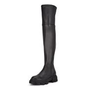 Nine West Cellie3 Black Leather Lug Sole Thigh High Fitted Over the Knee Boots