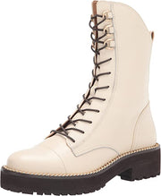 Sam Edelman Lenley Ivory Leather Chunky Heel Combat Lace Up Mid-Calf Boots