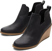 Toms Kallie Black Leather Pull On Stacked Wedge Heel Almond Toe Fashion Boots