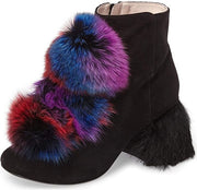 Cecelia New York Minot Black Suede Multi Fur Pompom Chunky Heel Fashion Bootie