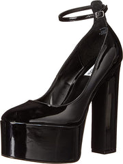Steve Madden Skyrise Black Patent Block Heel Almond Toe Ankle Strap Fashion Pump