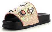 Cape Robbin Moira-25 Pink Slides Glitter Metal Pendant Ornament Fashion Sandals