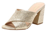 Shellys London Dana Sandals Gold Glitter open Toe Chunky Heel Mule Sandals
