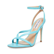 Steve Madden Amada Teal Leather Squared Open Toe Ankle Strap Heeled Sandals
