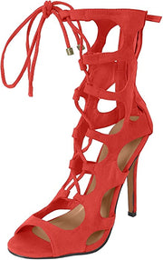 Breckelles Roma-51 Coral Faux Suede Lace Up Stiletto Sandal Strappy Sandals
