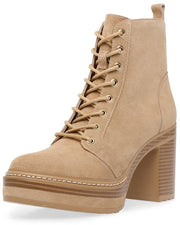 Steve Madden Sheridan Sand Suede Lace Up Taupe Platform Stacked Heel Bootie