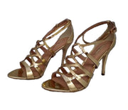 DUMOND SEEL Mirror Ouro Gold Strappy Stiletto Ankle Buckle Dress Heeled Sandals