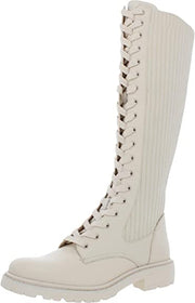 Sam Edelman Lila Ivory Leather Chunky Heel Rounded Toe Lace Up Knee High Boots